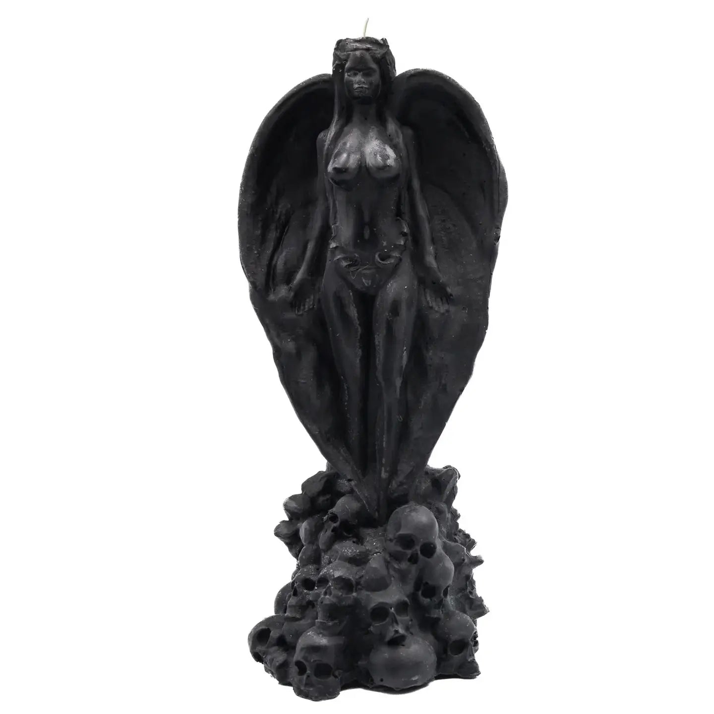 A black gothic figurine of a winged female goddess standing on a base of skulls, isolated on a white background.