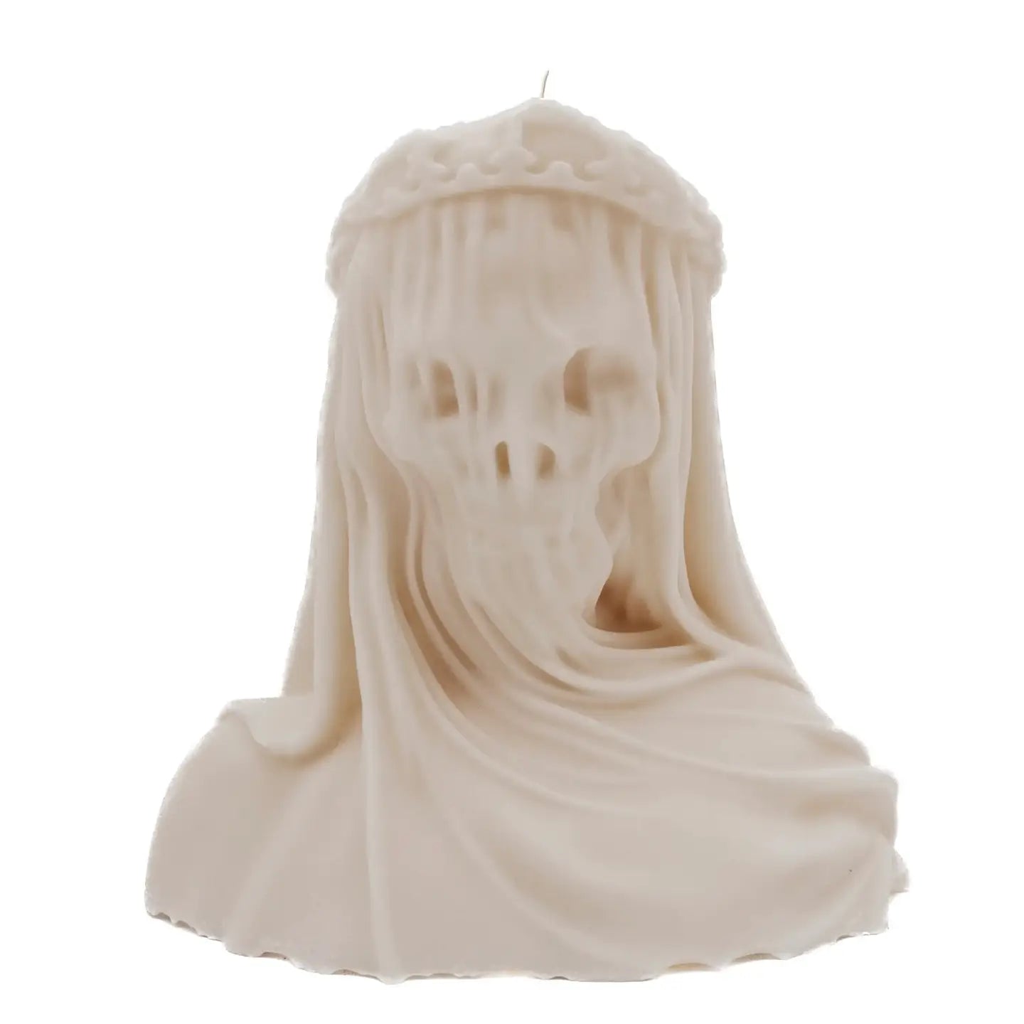 An off-white wax candle sculpted as a skull draped in a veil with a crown, set against a plain white background.
