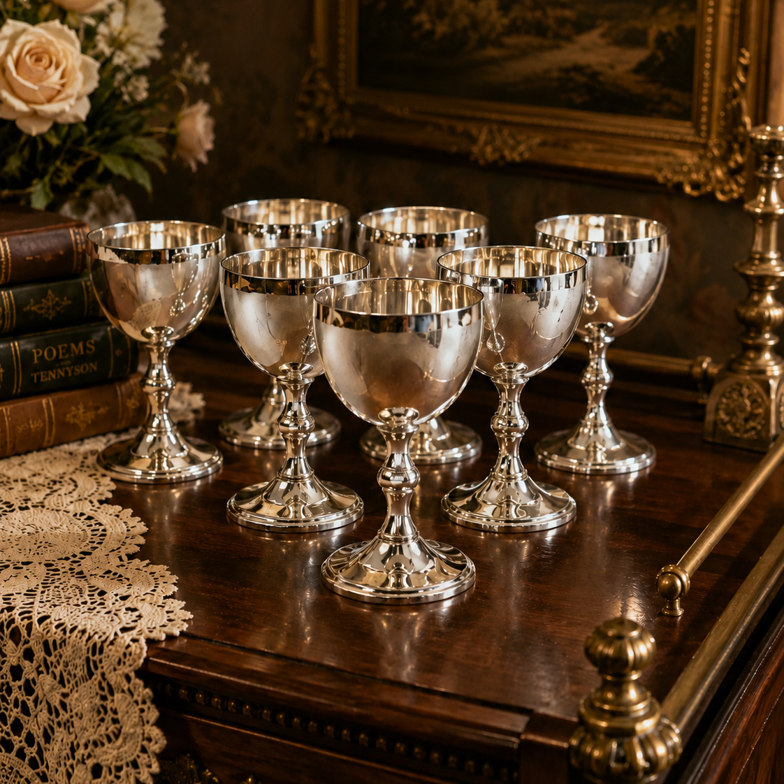 A set of six polished silver goblets arranged on a dark wooden table in an elegant room setting with a lace runner, books, flowers, and a framed landscape painting in the background.