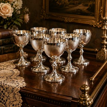 A set of six polished silver goblets arranged on a dark wooden table in an elegant room setting with a lace runner, books, flowers, and a framed landscape painting in the background.