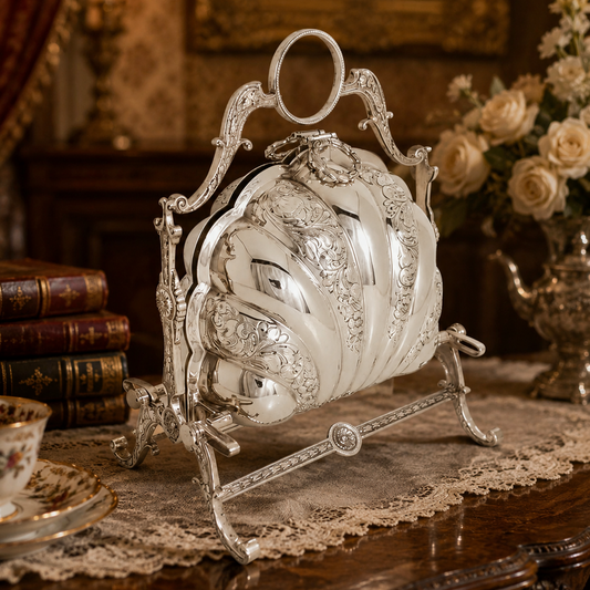 An ornate silver decorative object with a carved handle and stand, displayed on a lace-covered table in a vintage interior setting.