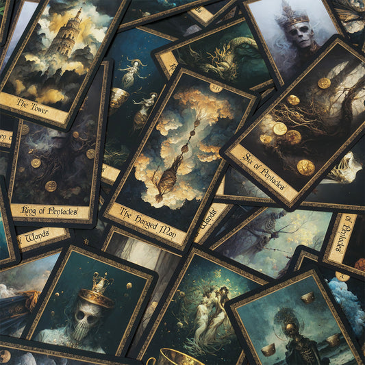 Complete spread Shadow Work Tarot Deck, showcasing 78 beautifully illustrated cards with a Victorian-era, antique look, ideal for deep spiritual insights and guidance.