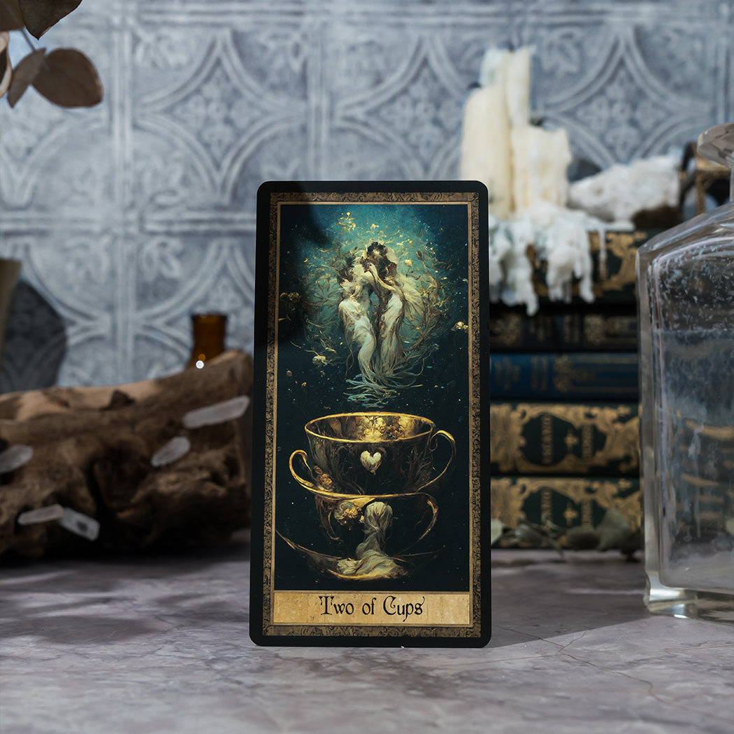 Detailed close-up of the Two of Cups card from the Shadow Work Tarot Deck, highlighting the card's vivid, Victorian-inspired artwork and symbolism of intuition and inner wisdom.