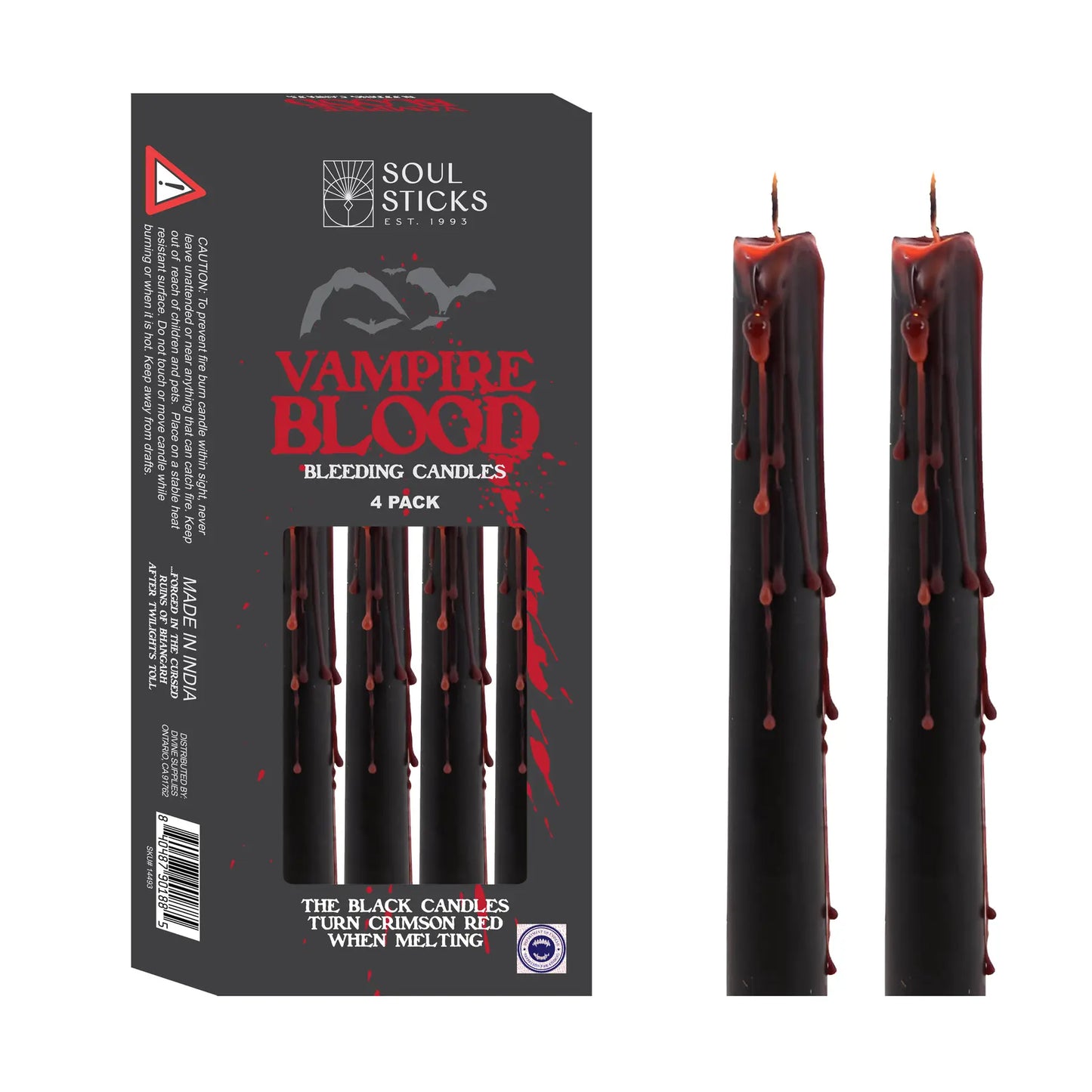 Vampire blood candles with packaging labeled 'Soul Sticks' on a white background