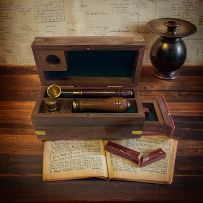 Wooden box with vintage items on an open book against a textured wall background