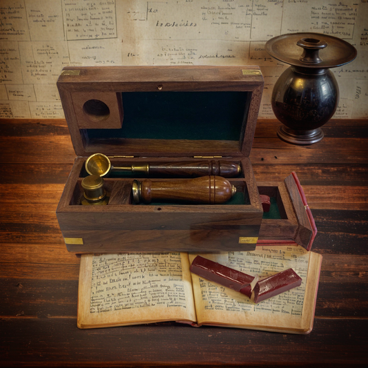 Wooden box with vintage items on an open book against a textured wall background